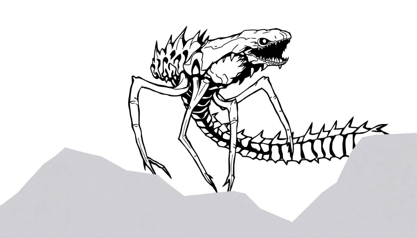 Zwart-wit illustratie van een monsterlijk wezen met stekels, reptielachtige kop, scherpe tanden en acht poten op rotsen.