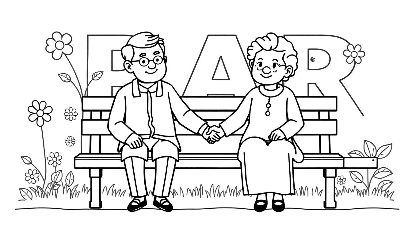 Zwart-wit kleurplaat van een oudere man en vrouw die naast elkaar op een houten bankje zitten, elkaars handen vasthoudend. Ze dragen brillen en glimlachen. Op de achtergrond staan grote letters P, A, R. Rondom is gras en bloemen.