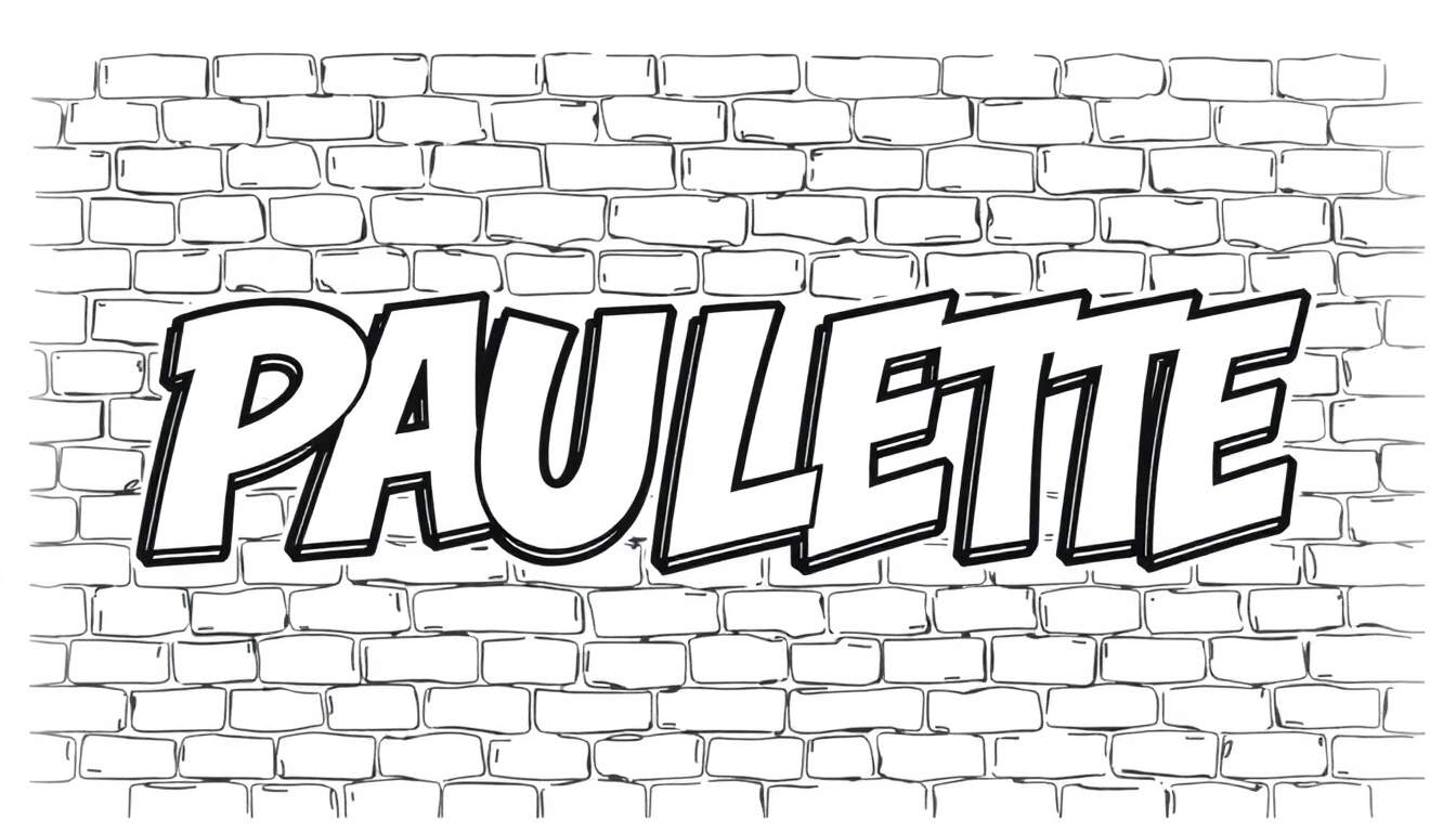 Kleurplaat met de naam PAULETTE in dikke, 3D-letters op een bakstenen muur.