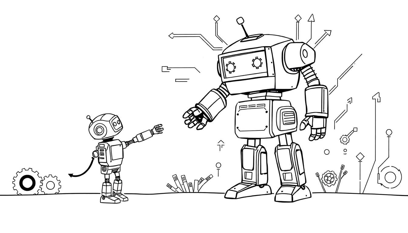 Kleurplaat van twee robots, een grote rechts en een kleine links, die met elkaar communiceren, omringd door technische symbolen.