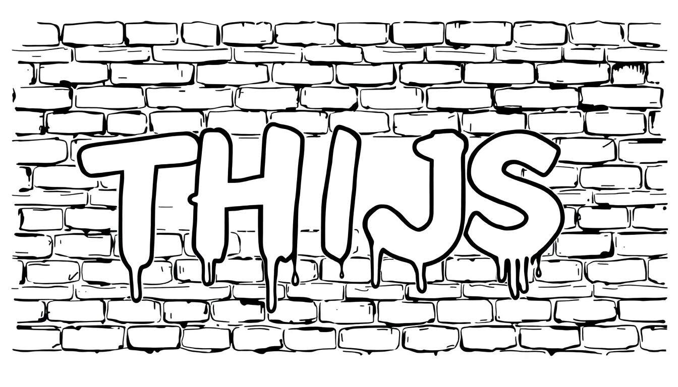 Zwart-wit kleurplaat van de naam THIJS in graffiti stijl, met druipende verf, op een bakstenen muur.