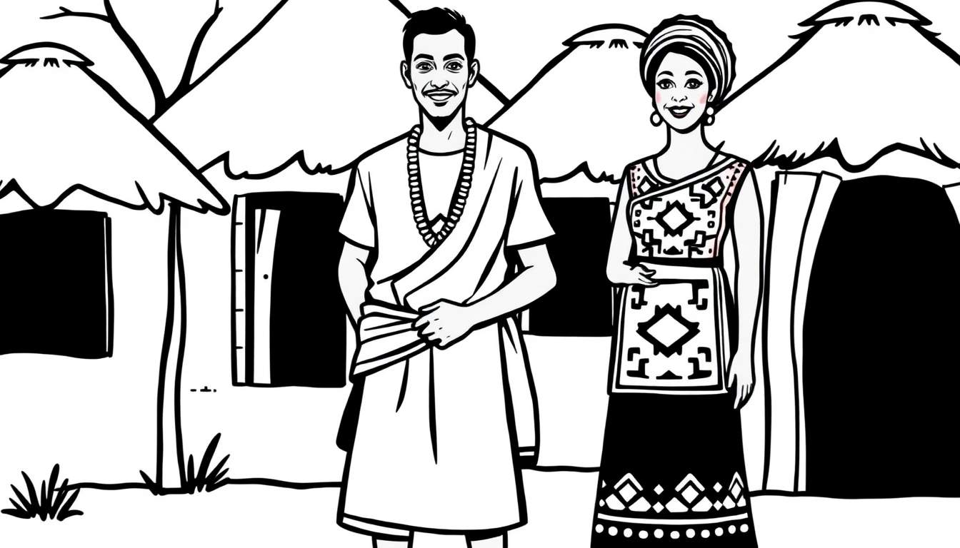 Zwart-wit kleurplaat van een lachende man met snor en baardje en een lachende vrouw met hoofddoek en grote oorringen, staand voor traditionele hutten met rieten daken. De vrouw draagt een rok met geometrische patronen.
