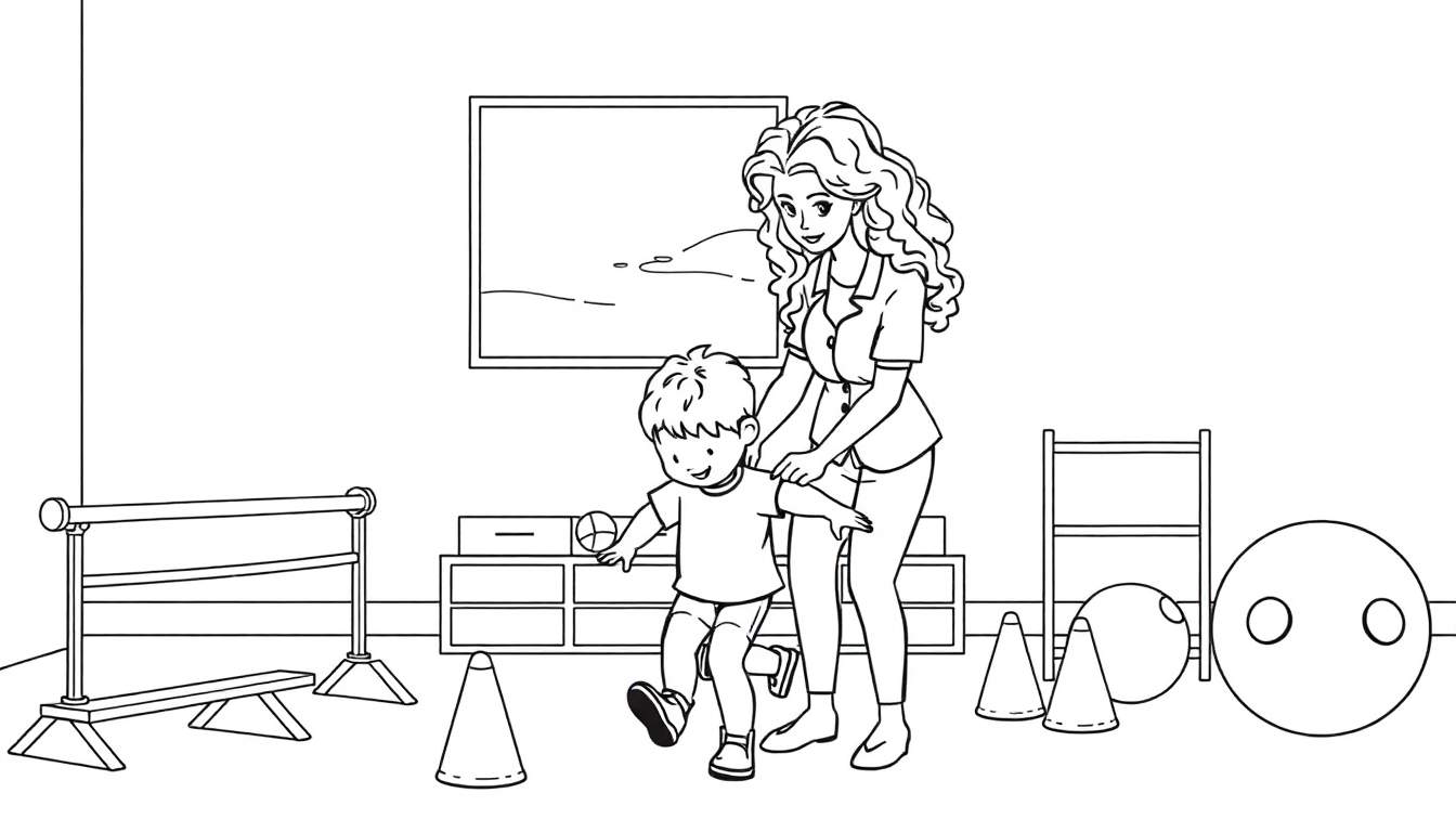 Kleurplaat van een vrouw die een jongetje helpt bij het oefenen van evenwicht in een fysiotherapieruimte met diverse materialen.