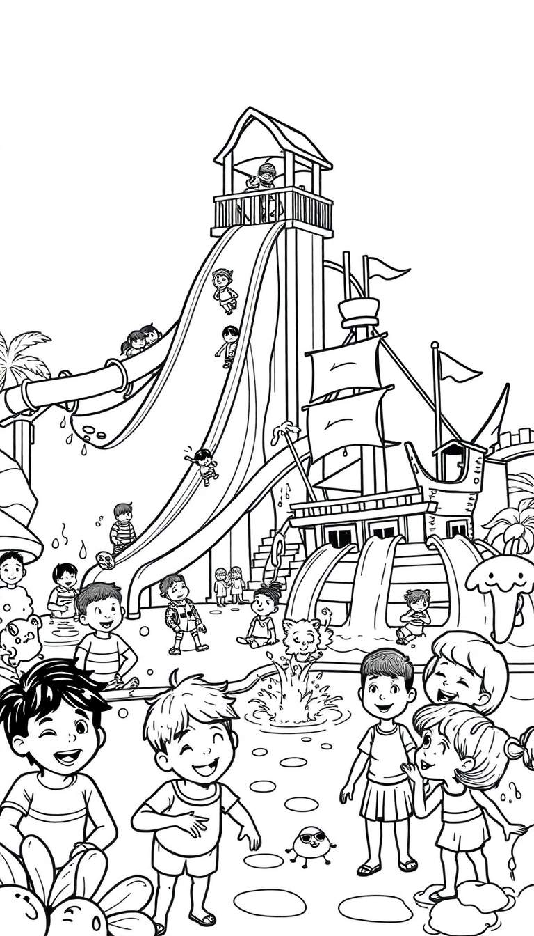 Zwart-wit tekening van een waterpark met veel kinderen die van glijbanen glijden, spelen in het water en lachen. Een grote waterglijbaan, een piratenschip met glijbanen en een knipogende jongen op de voorgrond.