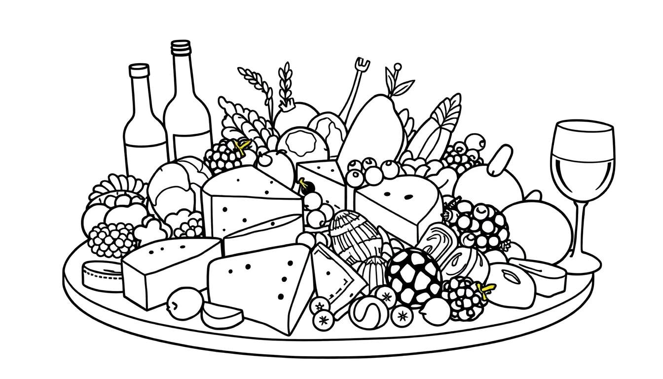 Gedetailleerde zwart-wit kleurplaat van een ronde serveerplank vol met diverse soorten kaas, druiventrossen, bessen, peren, olijven, crackers, broodjes, vleeswaren en een wijnglas met wijn.