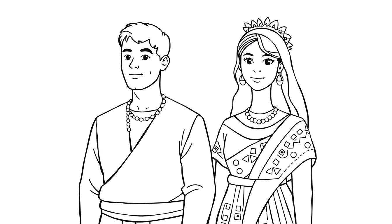 Zwart-wit lijntekening van een glimlachende man met lang gewaad en een vrouw met versierde kleding en hoofdband, die de kijker vriendelijk aankijken.
