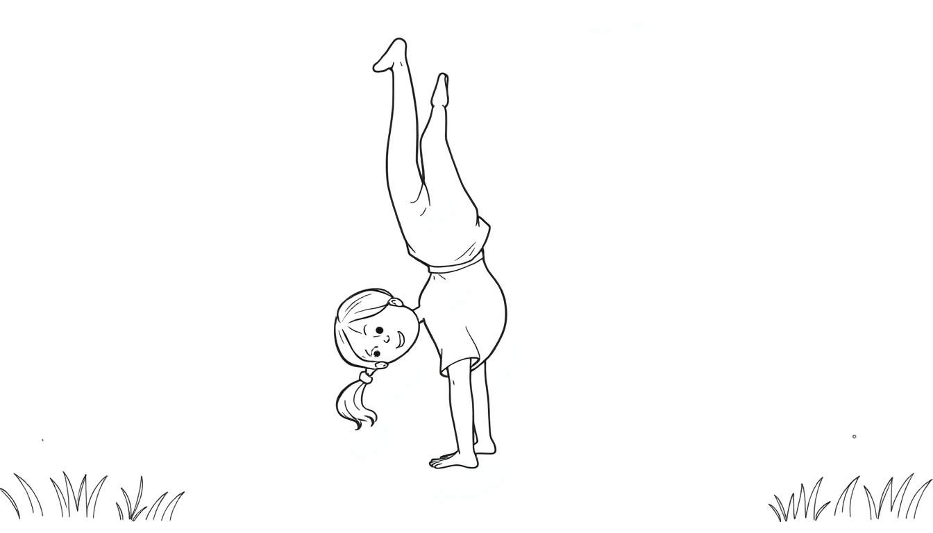 Zwart-wit lijntekening van een lachend meisje dat een handstand doet in het gras, met gestrekte benen omhoog. Ze draagt een staartje, T-shirt en korte broek.