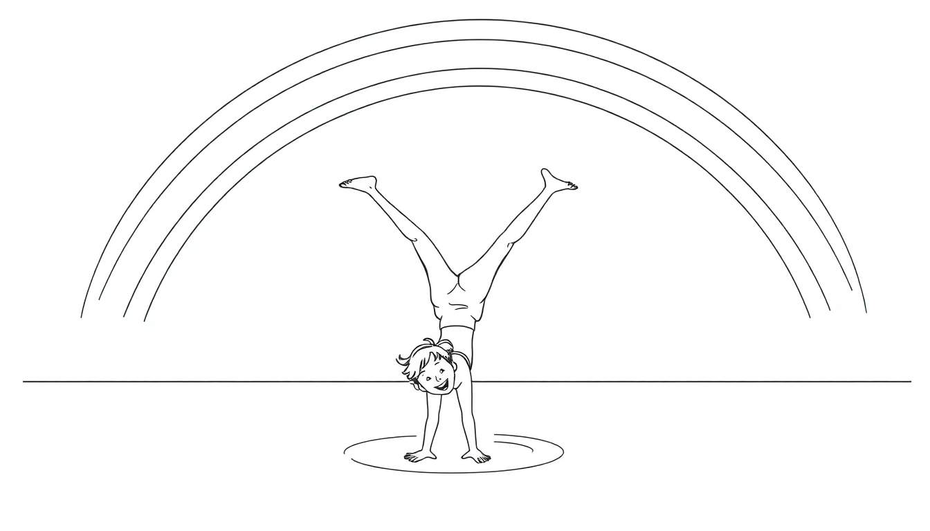 Zwart-wit lijnschets van een meisje dat lachend een handstand doet met gespreide benen, onder een regenboog. De grond is aangegeven met een horizontale lijn.