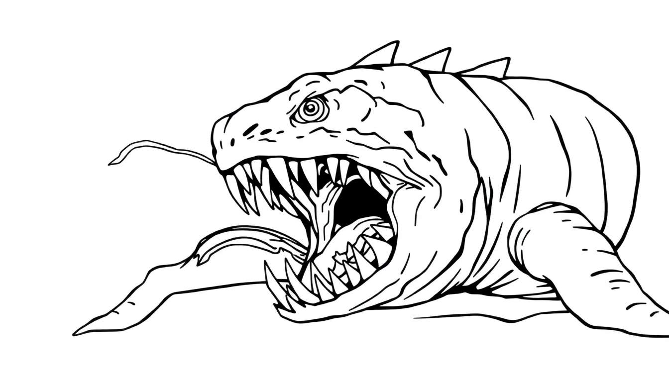 Zwart-wit lijntekening van een dreigend monsterlijk zeedier met scherpe tanden, stekels en een lange tong.