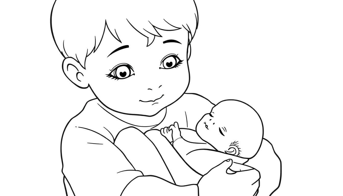 Zwart-wit lijntekening van een ouder kind met hartjes in de ogen dat een slapende baby vasthoudt.