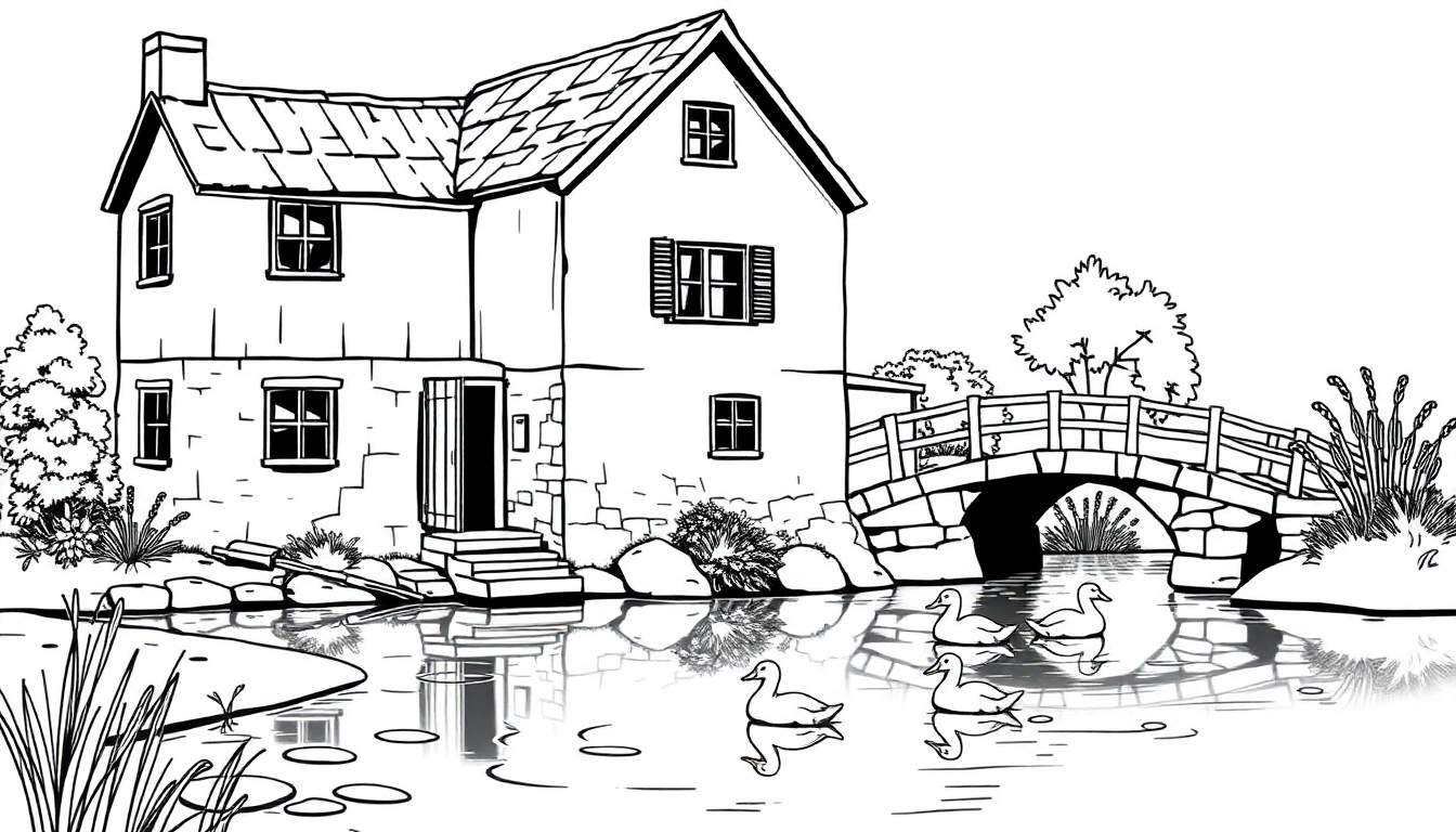 Zwart-wit lijntekening van een rustiek landschap met een huis, brug en eenden, geschikt als kleurplaat.
