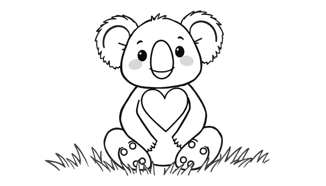 Een zwart-wit tekening van een schattige, zittende koala met grote oren, een grote neus en gekruiste pootjes in een hartvorm. Ernaast is een stukje gras getekend. De achtergrond is leeg.
