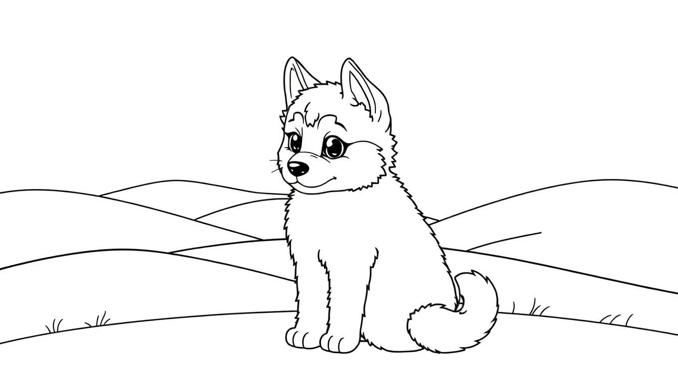 Zwart-wit lijntekening van een schattige puppy of wolfpup zittend op glooiende heuvels, klaar om ingekleurd te worden.