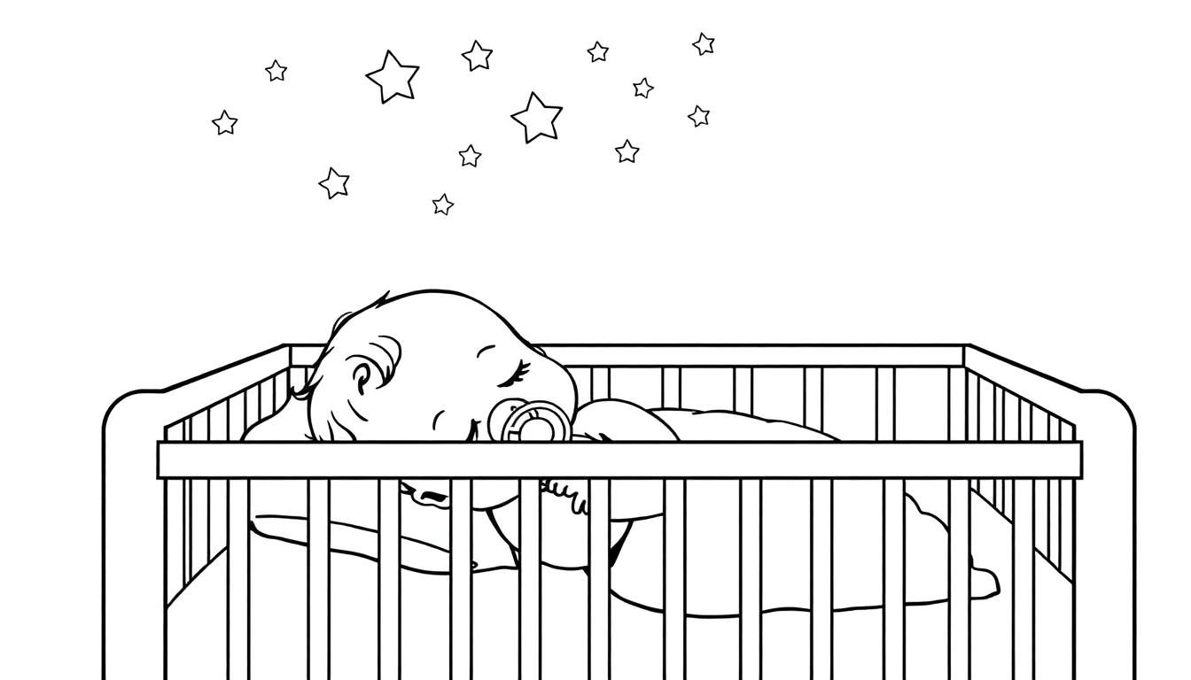 Kleurplaat van een slapende baby met speen in een ledikant, met sterren erboven.