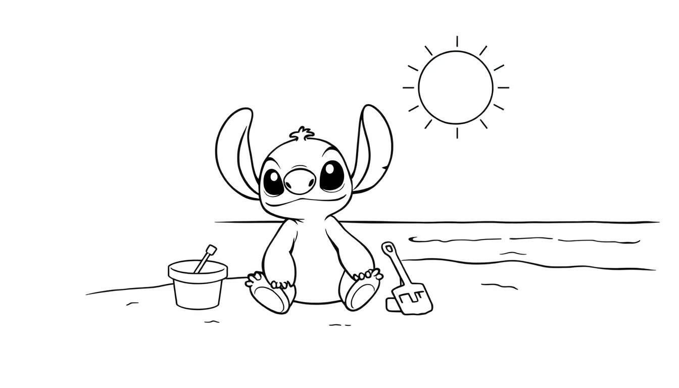 Zwart-wit tekening van Stitch die op het strand zit naast een zandemmer en schepje, met de zee en zon op de achtergrond.