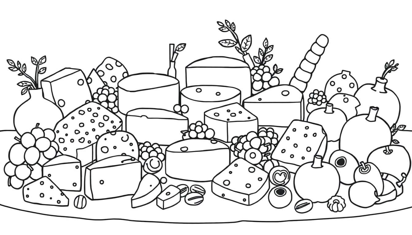 Kleurplaat van een rijkelijk gevulde kaasplank met verschillende soorten kazen, trossen druiven, appels, peren, granaatappels, bessen, noten, crackers en een vaasje met takjes.