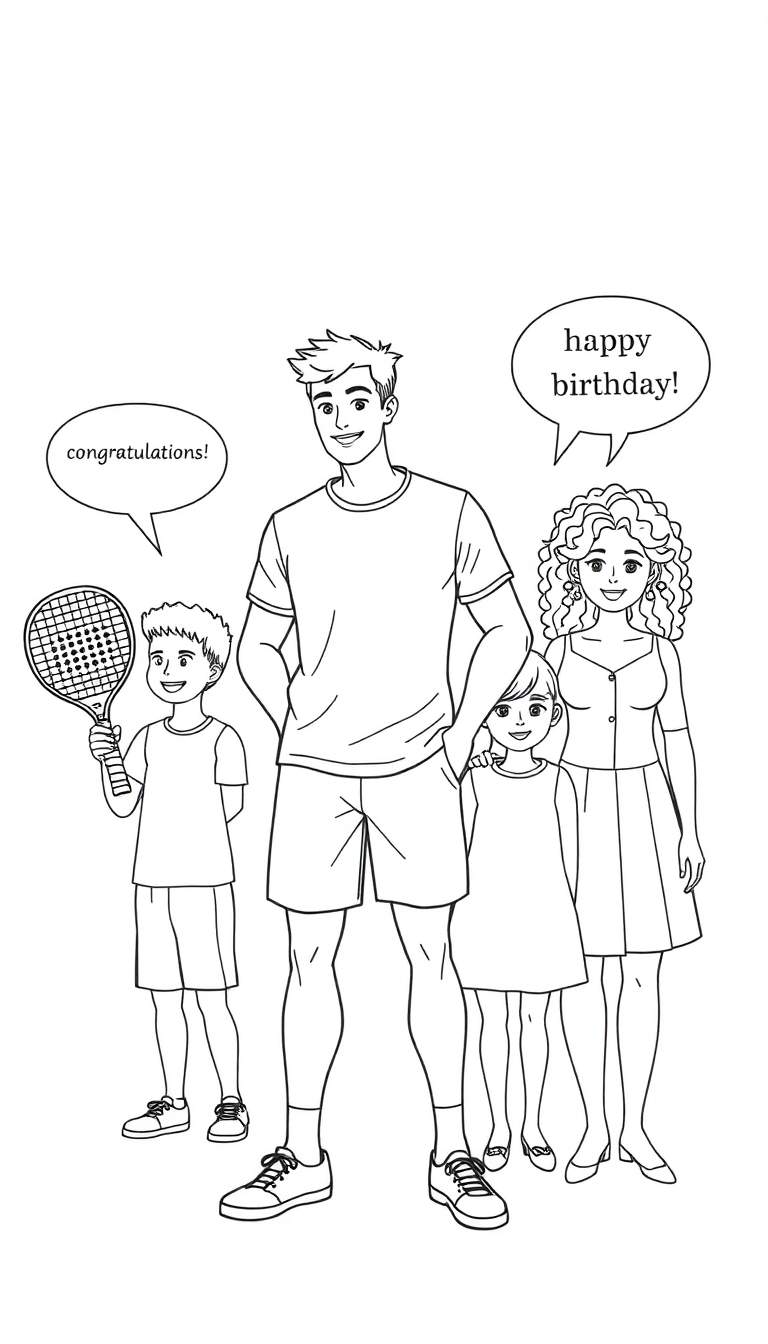 Zwart-wit kleurplaat van een lachend gezin van vier personen. Van links naar rechts: een jongen met tennisracket en een spreekwolkje met 'congratulations!', een man met handen in zijn zakken, een meisje dat de man vasthoudt, en een vrouw met oorbellen en een spreekwolkje met 'happy birthday!'.