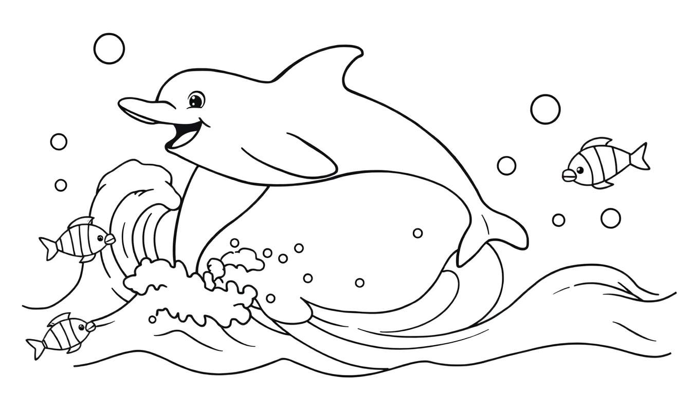 Zwart-wit tekening van een lachende dolfijn die uit het water springt met golven, waterspatten, bellen en drie gestreepte vissen.