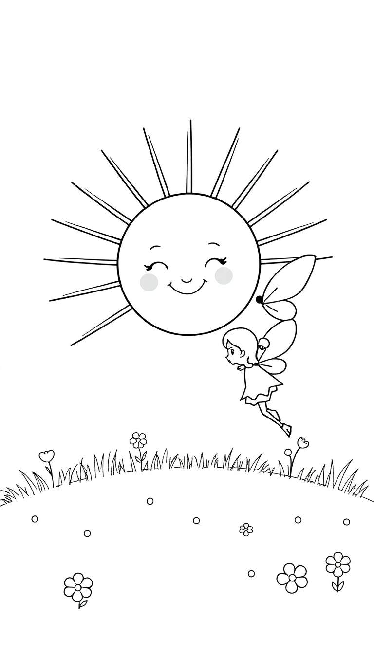Zwart-witte lijntekening van een grote, lachende zon met zonnestralen, een kleine fee met vleugels, glooiende heuvels met gras, bloemetjes en kleine cirkels.