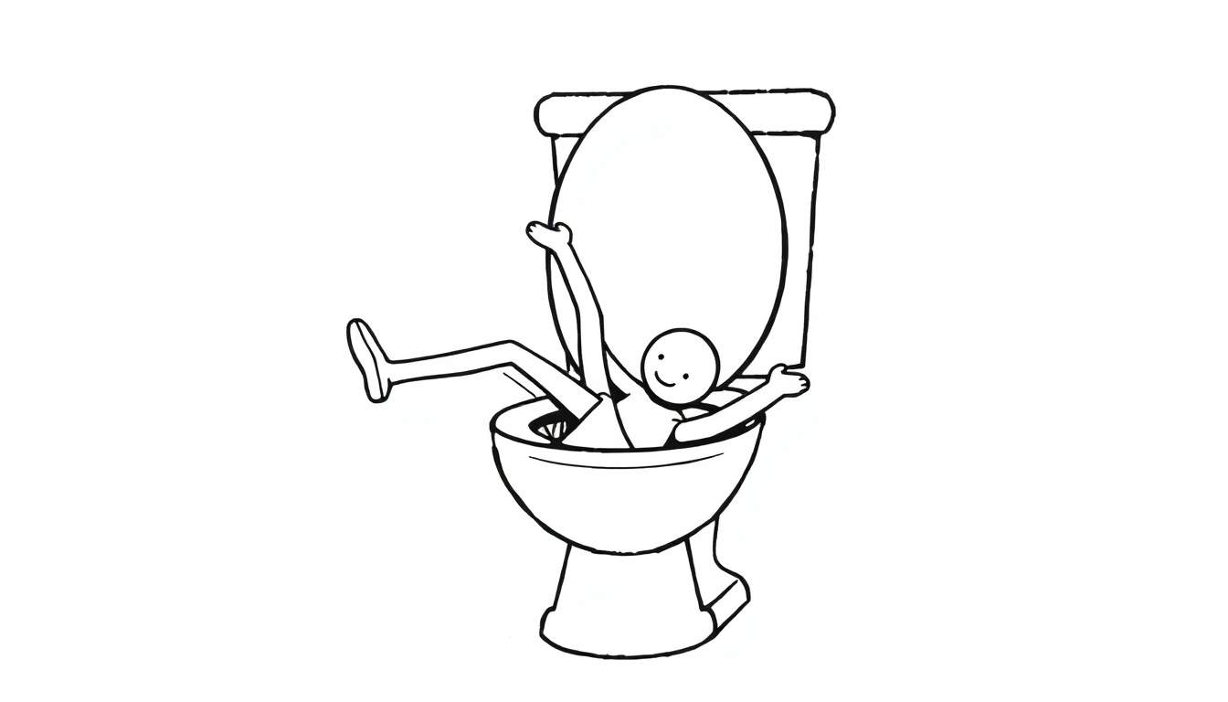 Zwart-witte cartoontekening van een vrolijk poppetje dat diep in een open toiletpot zit, met armen en benen zichtbaar en een glimlach op zijn gezicht.