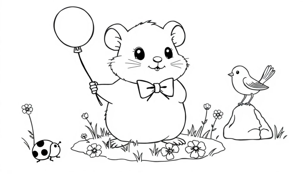 Kleurplaat van een schattige babyhamster met een ballon, bloemen, een vogel en een lieveheersbeestje in een grasveld.