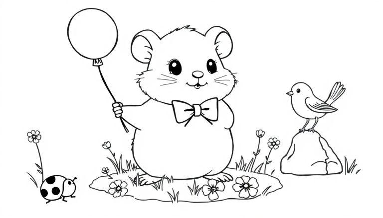 Kleurplaat van een schattige babyhamster met een ballon, bloemen, een vogel en een lieveheersbeestje in een grasveld.