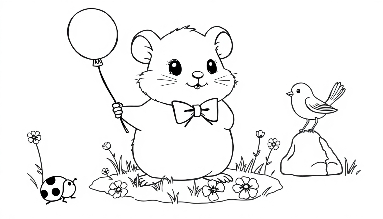 Kleurplaat van een schattige babyhamster met een ballon, bloemen, een vogel en een lieveheersbeestje in een grasveld.