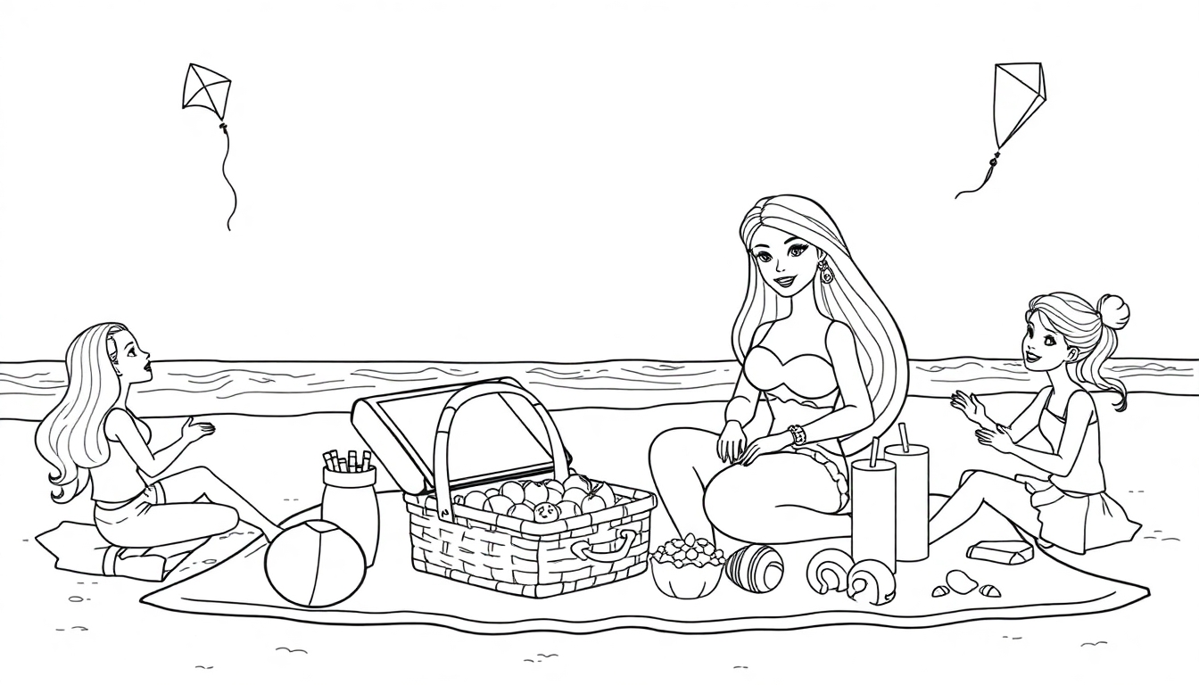 Kleurplaat van Barbie op het strand met vrienden, een picknickmand, vliegers en speelgoed.