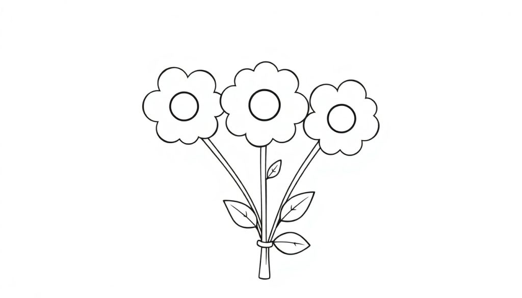 Kleurplaat met drie vrolijke bloemen aan steeltjes.