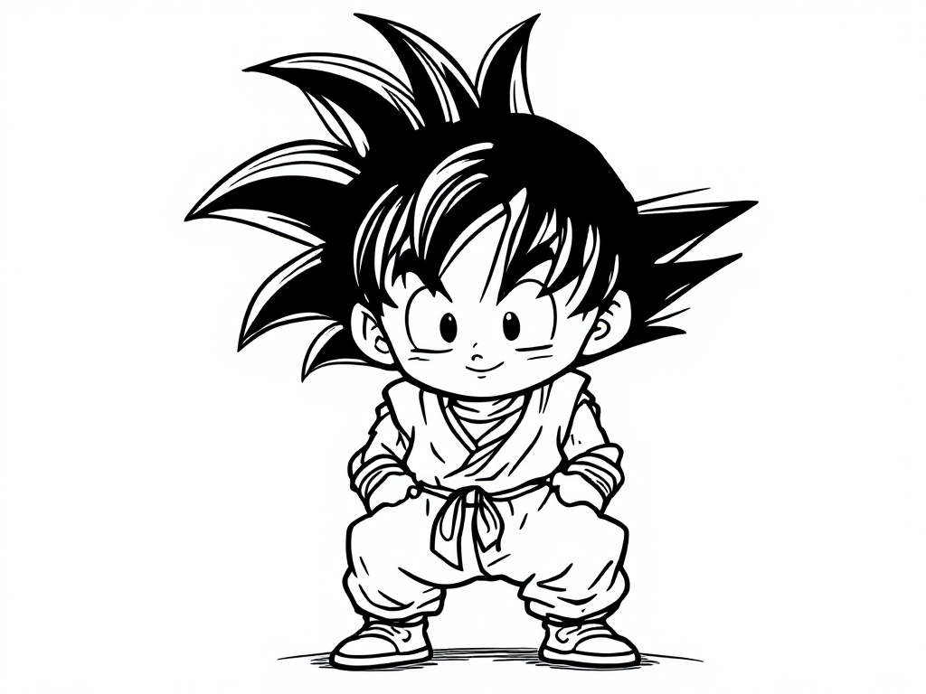 Een zwart-wit kleurplaat van Chibi Goku, met een schattige en kleine uitstraling.