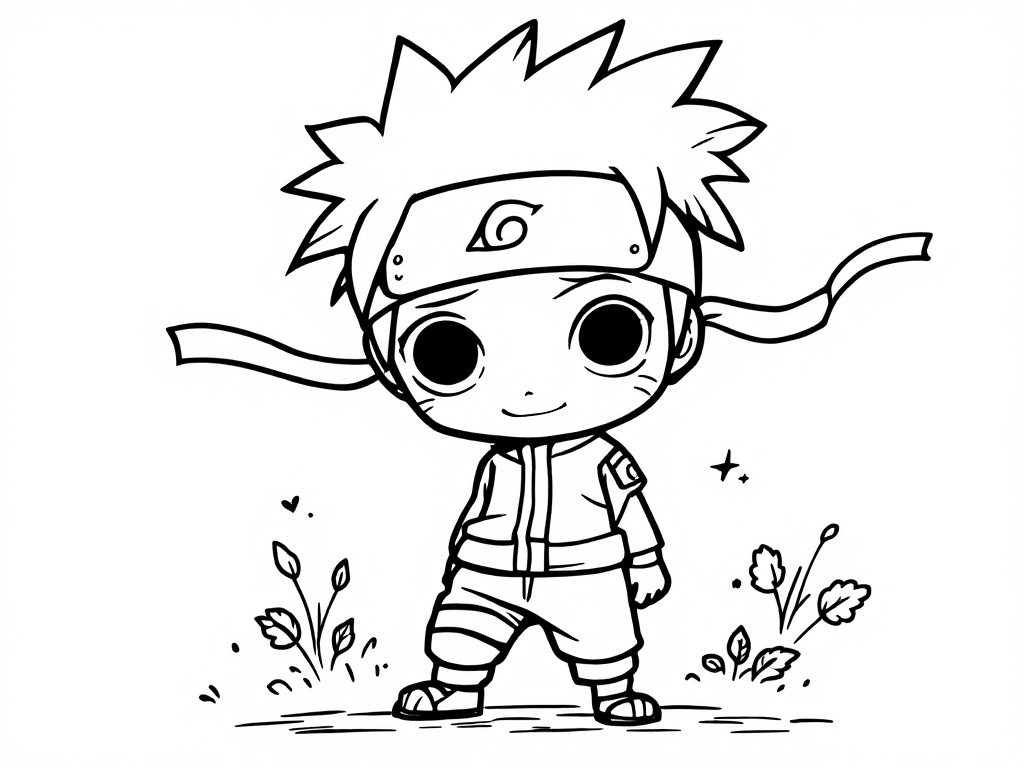 Kleurplaat van Chibi Naruto met een schattige glimlach en een ninja hoofdband.