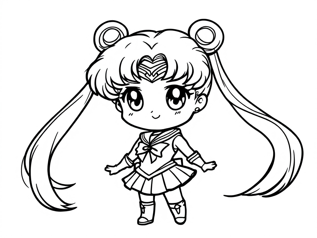 Een chibi kleurplaat van Sailor Moon met grote ogen, lange staarten en een schattige outfit.