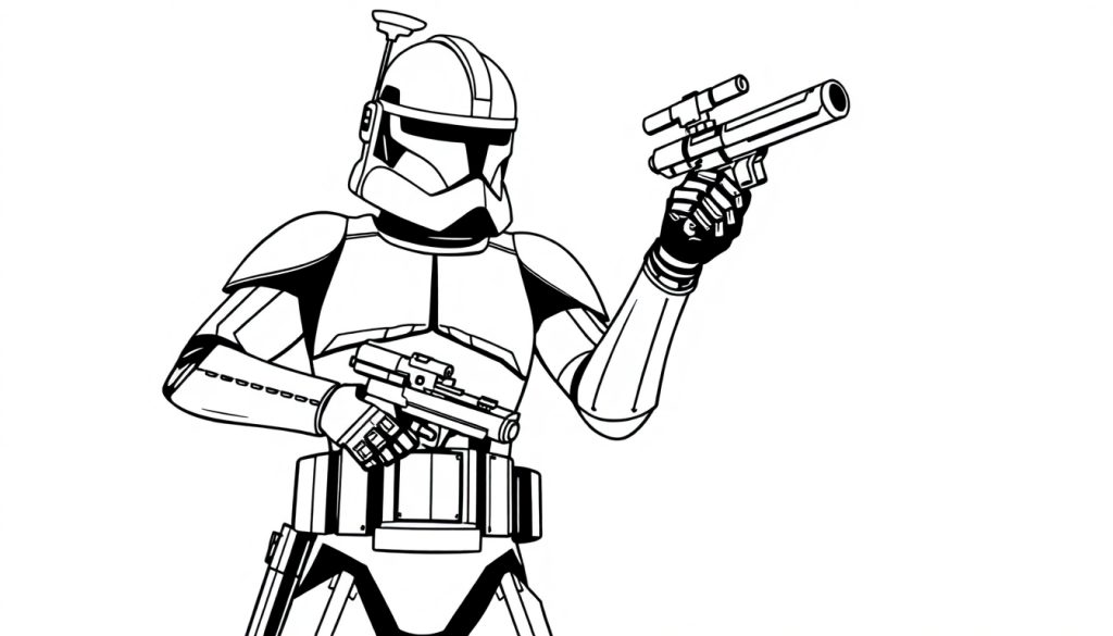 Kleurplaat van een stoere Star Wars Clone Trooper met twee blasters in de handen.