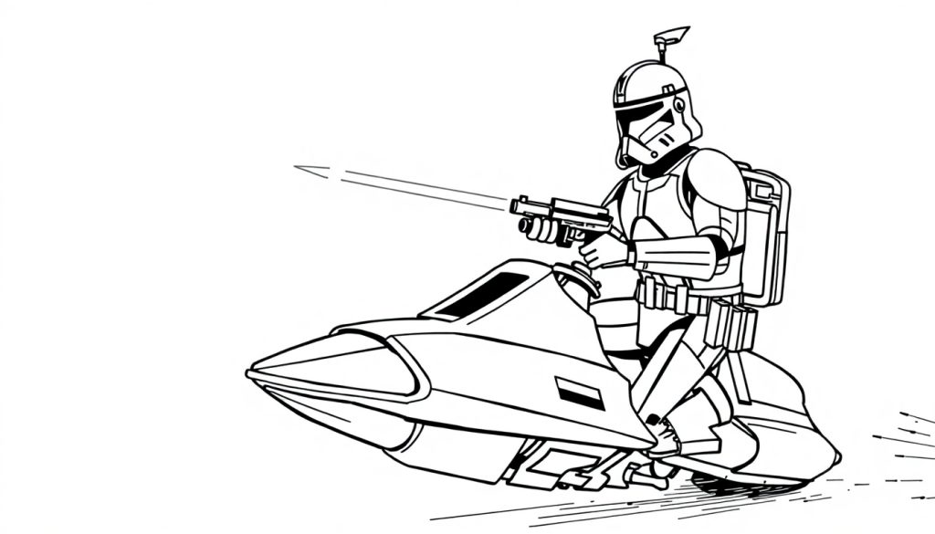 Kleurplaat van een Star Wars Clone Trooper die op een speeder rijdt met een blaster in de hand.