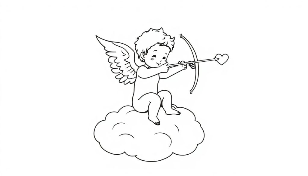 Een schattige kleurplaat van Cupido die op een wolk zit en met zijn boog een liefdespijl schiet.