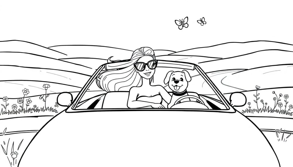 Kleurplaat van Barbie in een cabriolet met een hond naast haar.