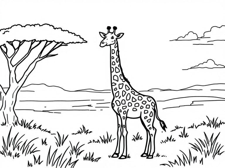 Kleurplaat van een giraffe op de savanne met een boom en gras.