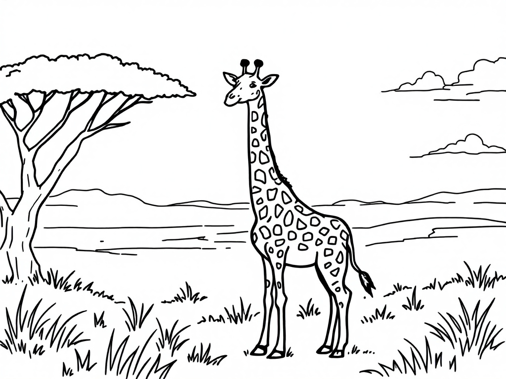 Kleurplaat van een giraffe op de savanne met een boom en gras.