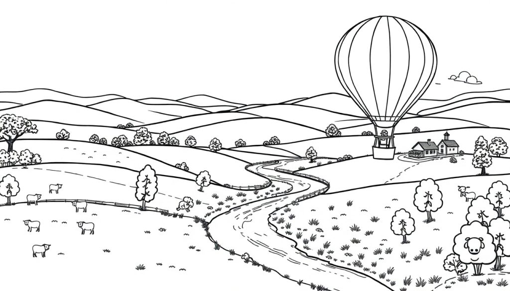 Kleurplaat van een luchtballon boven een landschap met heuvels, een rivier en dieren.