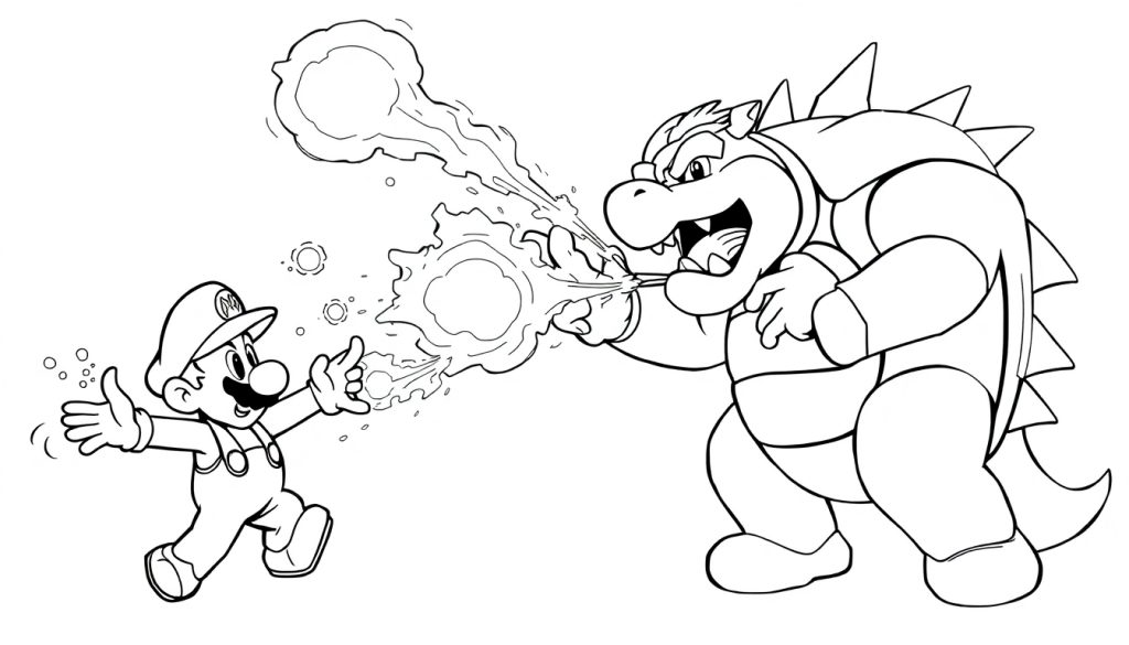 Mario en Bowser in actie in een spannende kleurplaat.