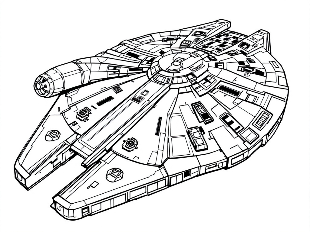 Kleurplaat van het ruimteschip Millennium Falcon uit Star Wars.