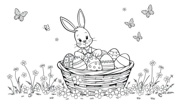 Een kleurplaat van een schattig konijntje in een mand vol paaseieren, omringd door gras, bloemen en fladderende vlinders.