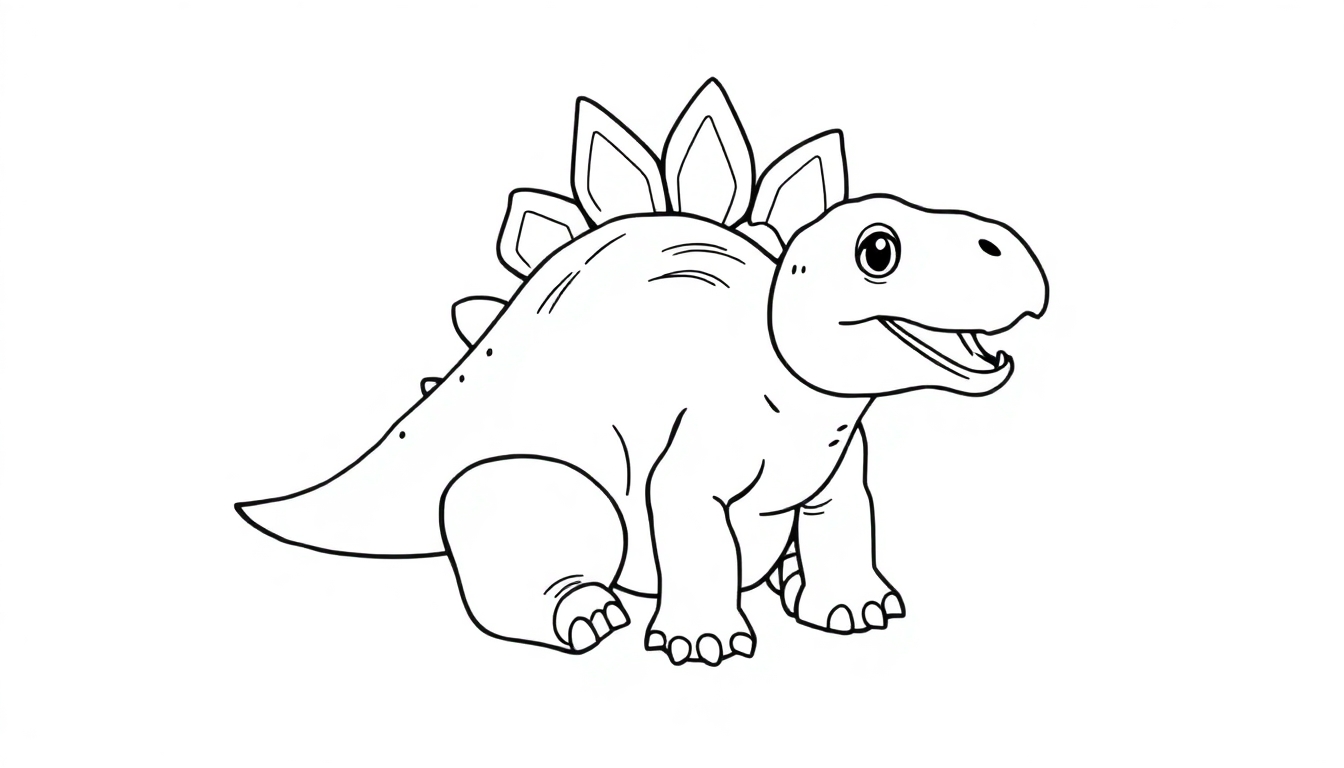 Kleurplaat van een schattige stegosaurus met grote, vriendelijke ogen.