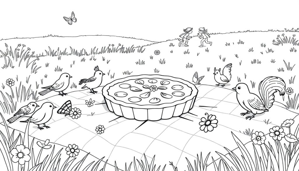 Kleurplaat van een quiche met vogels en bloemen op een picknickkleed in de natuur.