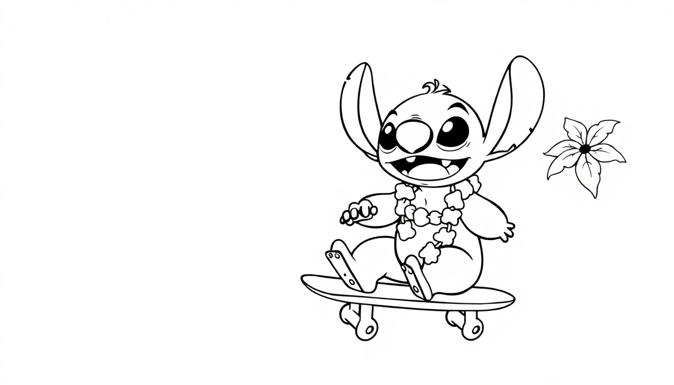 Kleurplaat van Stitch op een skateboard met een Hawaiiaanse bloemenslinger.