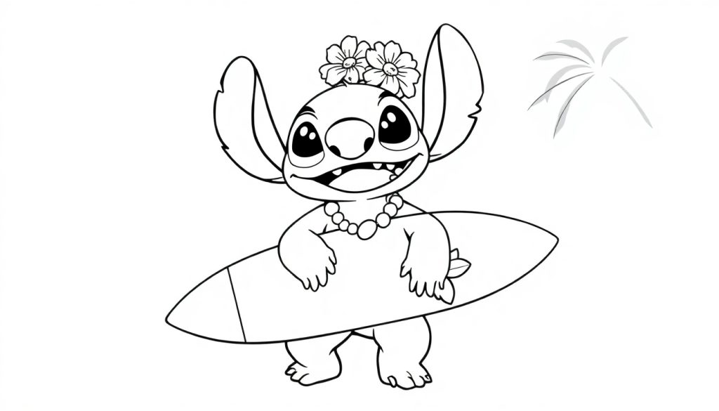 Kleurplaat van een vrolijke Stitch op een surfboard met bloemenkrans in Hawaii-stijl.