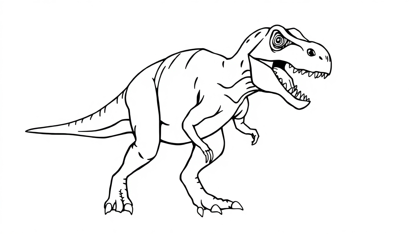 Zwarte lijntekening van een dino, perfect als kleurplaat.