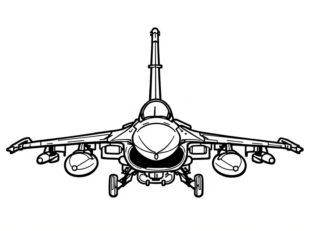 Kleurplaat van een straaljager F-16 van voren gezien.