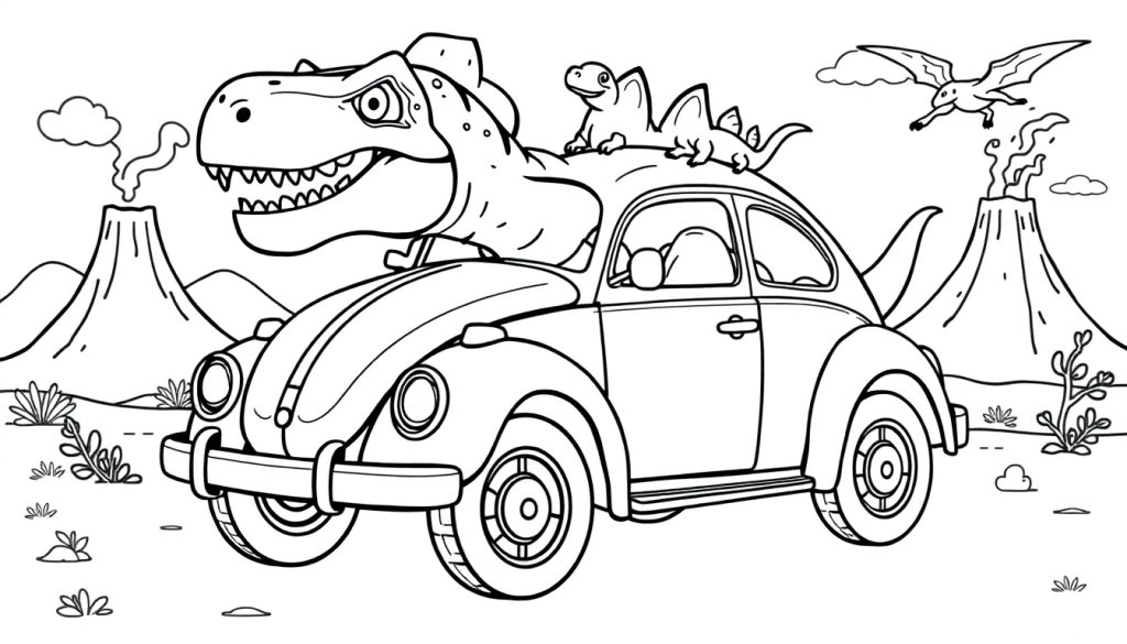 Kleurplaat van een Tyrannosaurus Rex in een VW Beetle met een vulkaanlandschap op de achtergrond.