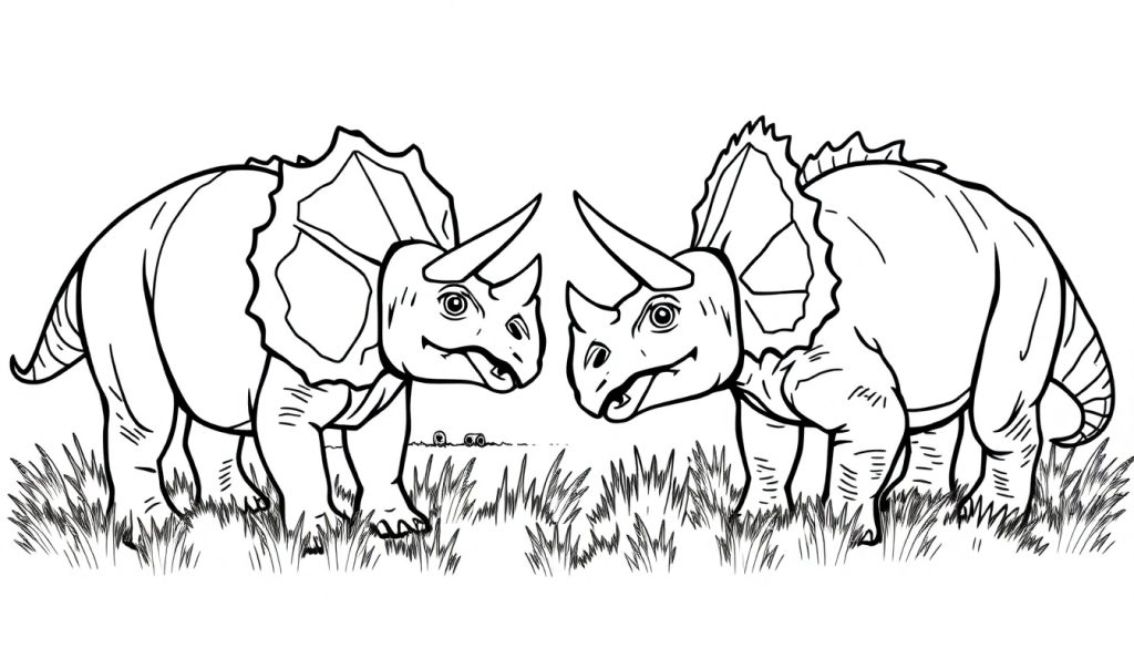 Kleurplaat van twee triceratops in het gras